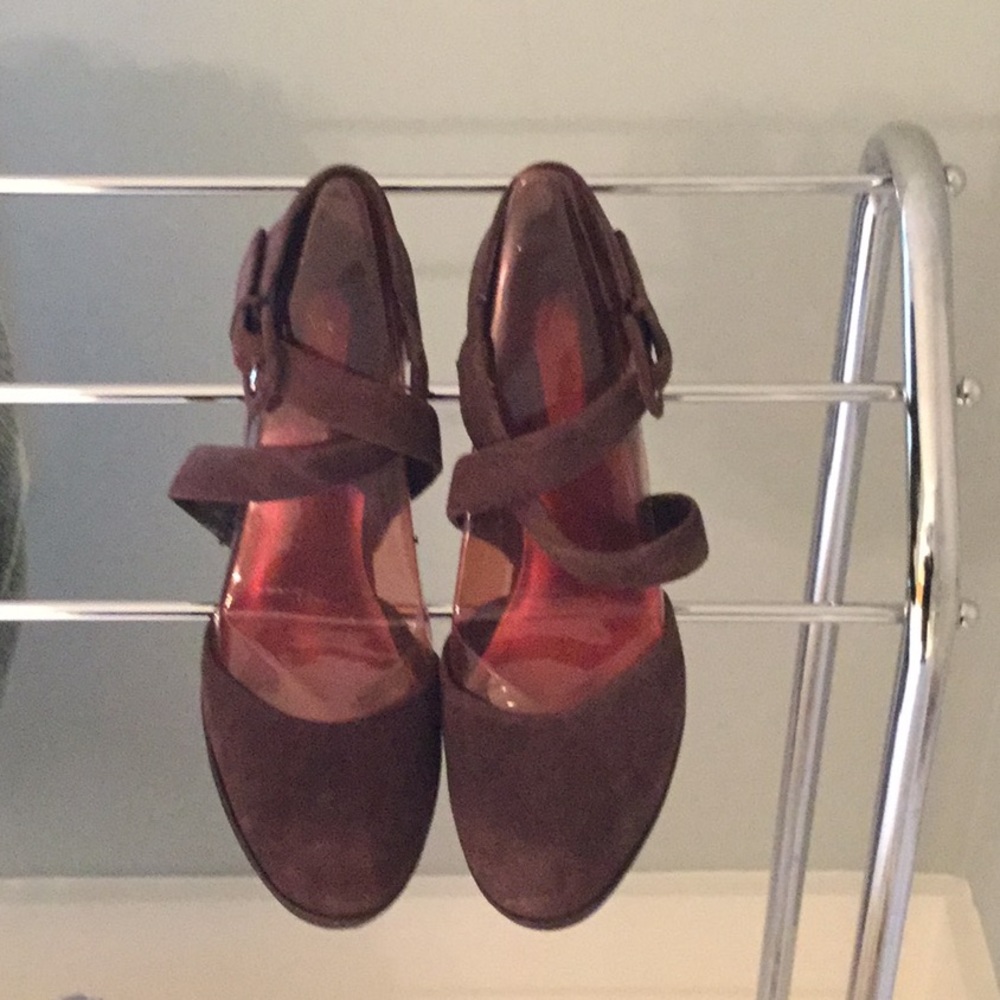 Nine West luscious brown suede shoes, satin heels